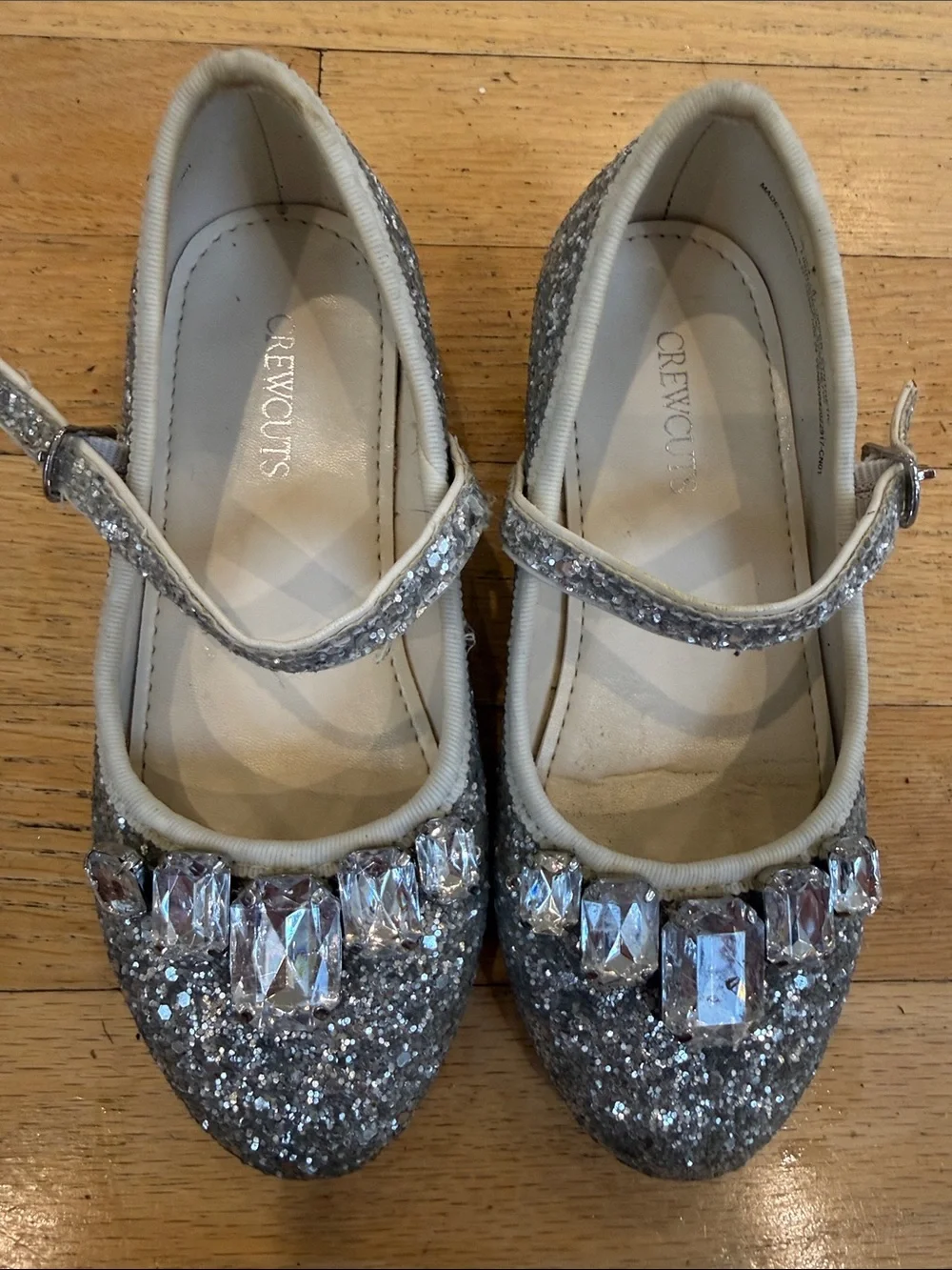 Crewcuts Silver Glitter Mary Janes with Gem Embellishments